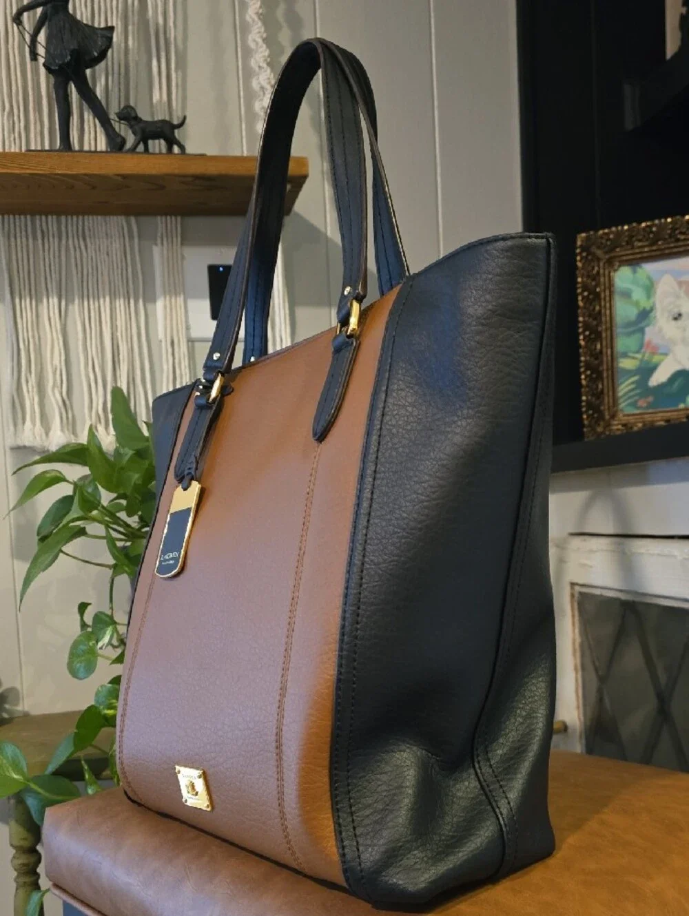 Lauren Ralph Lauren Brown and Black Leather Tote with Gold Hardware